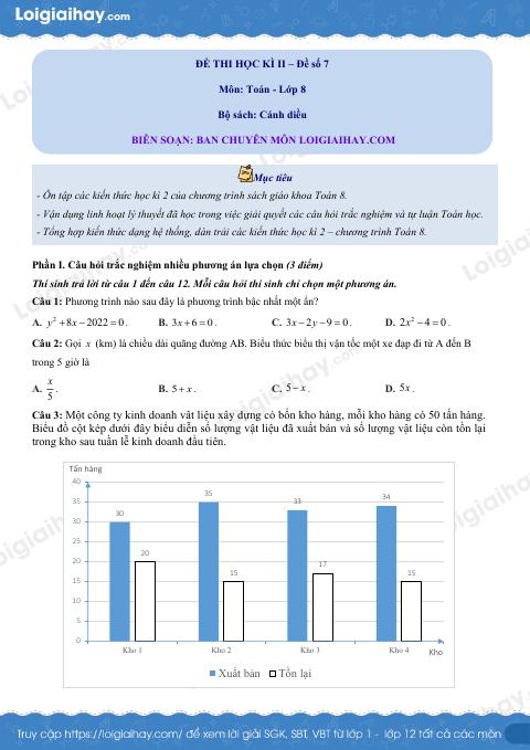 Đề thi học kì 2 Toán 8 Cánh diều - Đề số 7
